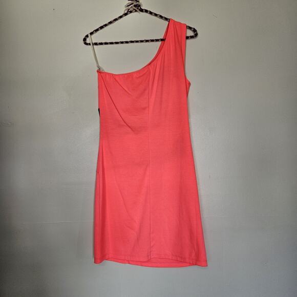 Vtg Y2K 90s Deb Mini Dress Size L One Shoulder Mesh Hot Pink Black Party HOCO - Picture 7 of 11